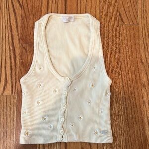 Woman tank top yellow Ribbed with buttons and flower pattern size xs